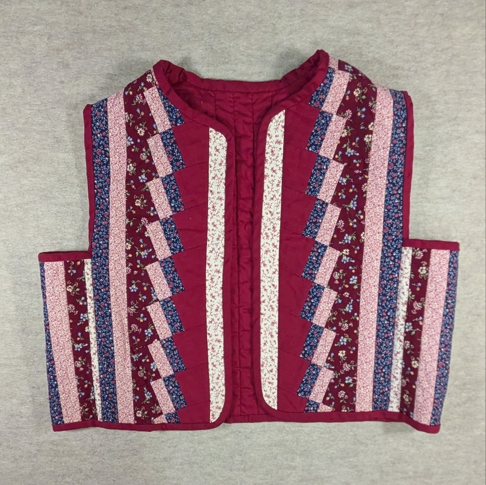 Handmade Quilted Vest Deep Berry Red, Pink, Blue Florals Patchwork Cropped Large